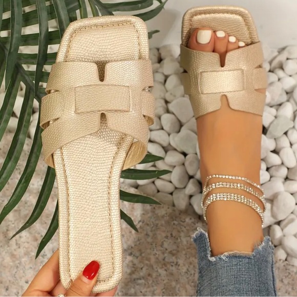 Square Toe Flat Slippers, Casual Open Toe Slides Shoes - Picture 2 of 2